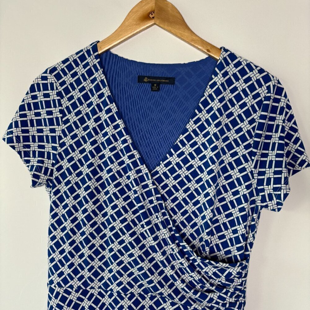 Brooks Brothers Women's Blue White Knee Length Faux Wrap Midi Dress Size Medium - Picture 2 of 11